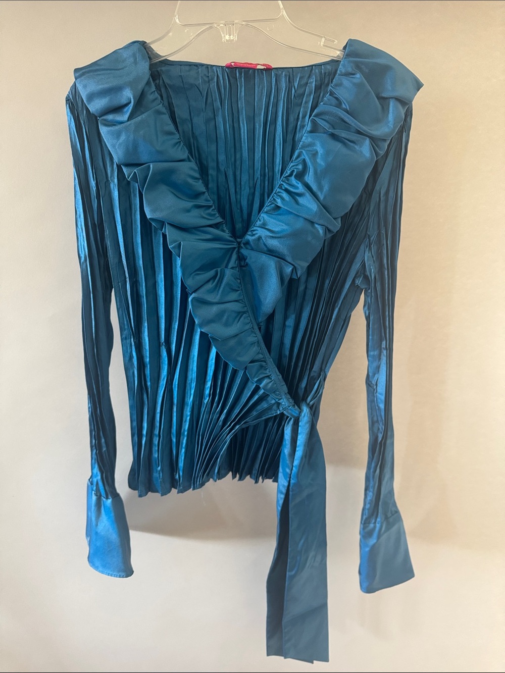 Sunny Leigh Teal Satin Pleated Wrap Blouse